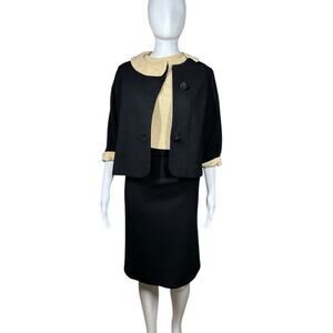 Vintage 60s 100% Wool Metallic Gold Black 3 Piece Skirt Set Size 2 / 4